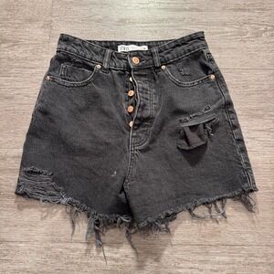 Zara Shorts Womens 4 Black Denim High Rise Cut Off Button Fly 100% Cotton Lounge